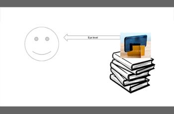 Smiley Face Icon on left side. Stack of books with a phone on top, on the right side. 